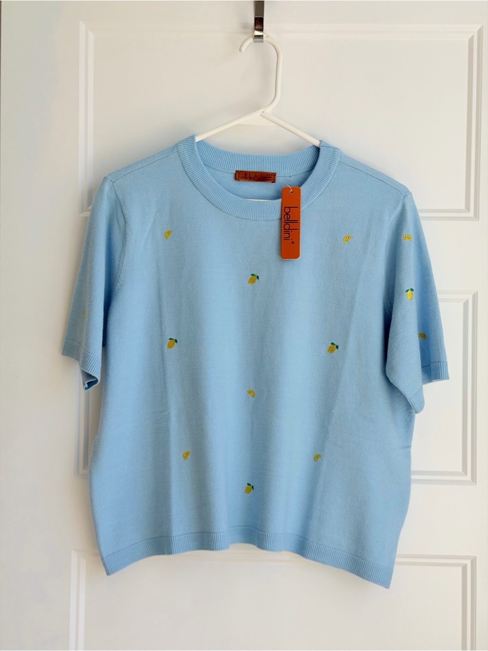 Belldini Light Blue Short Sleeve Knit Top with Lemon Motif
